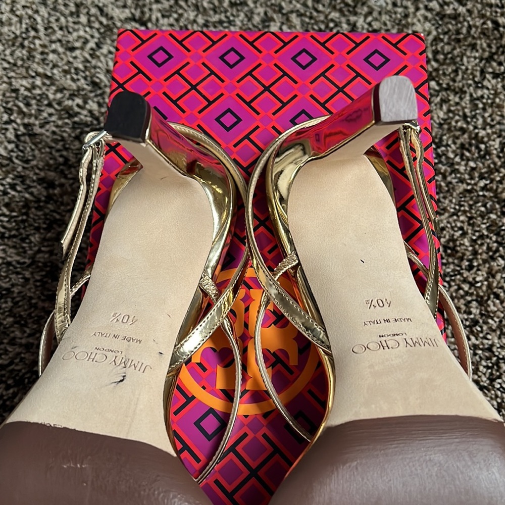 Jimmy Choo Meira 85 Gold Leather Sandals with Crystal Embellishment, like new - Picture 6 of 14